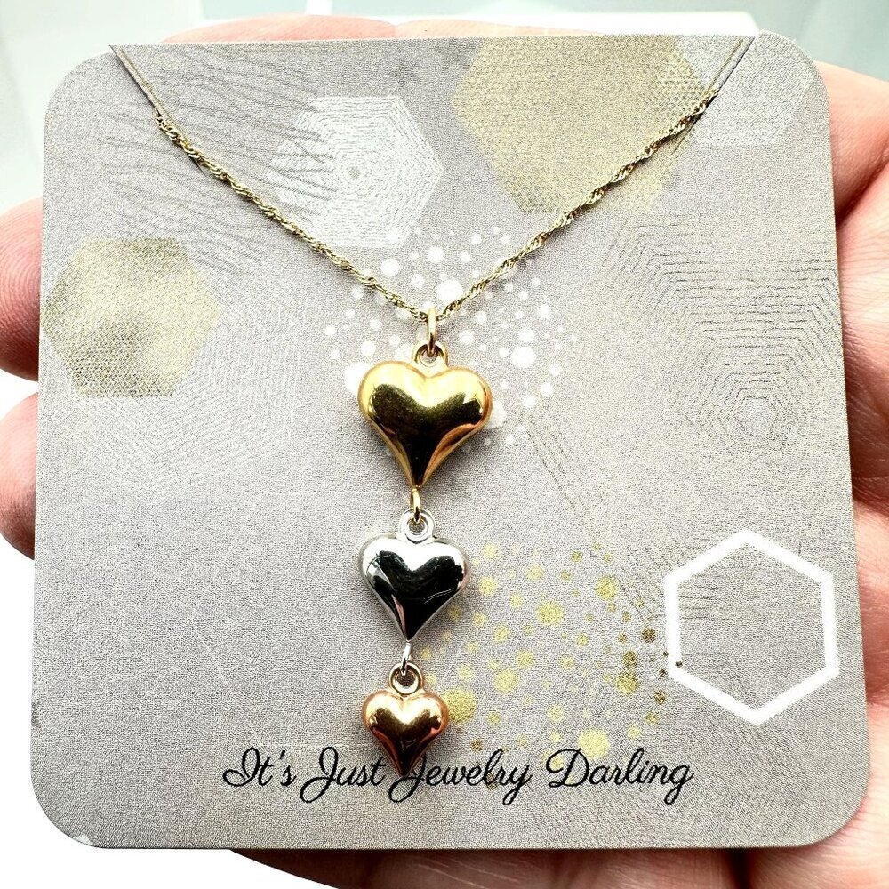 Womens 10K Tri Color Gold Necklace Triple Heart Pendant 18 Inch Estate